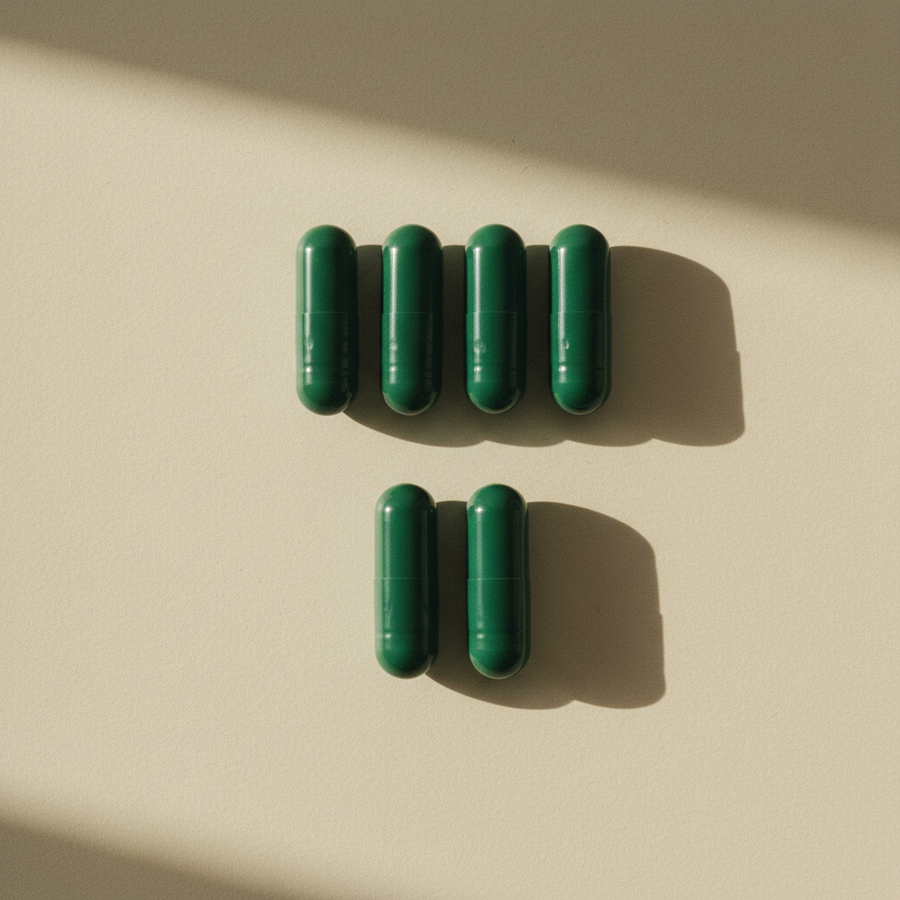 Capsules counted out beside a printed panel